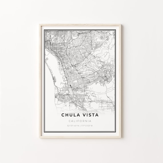 Chula Vista California Minimalist Modern Black And White City Map Poster