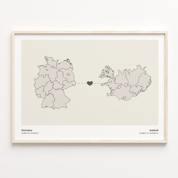 Germany to Iceland Connection Map Poster Heart Between Two Nations