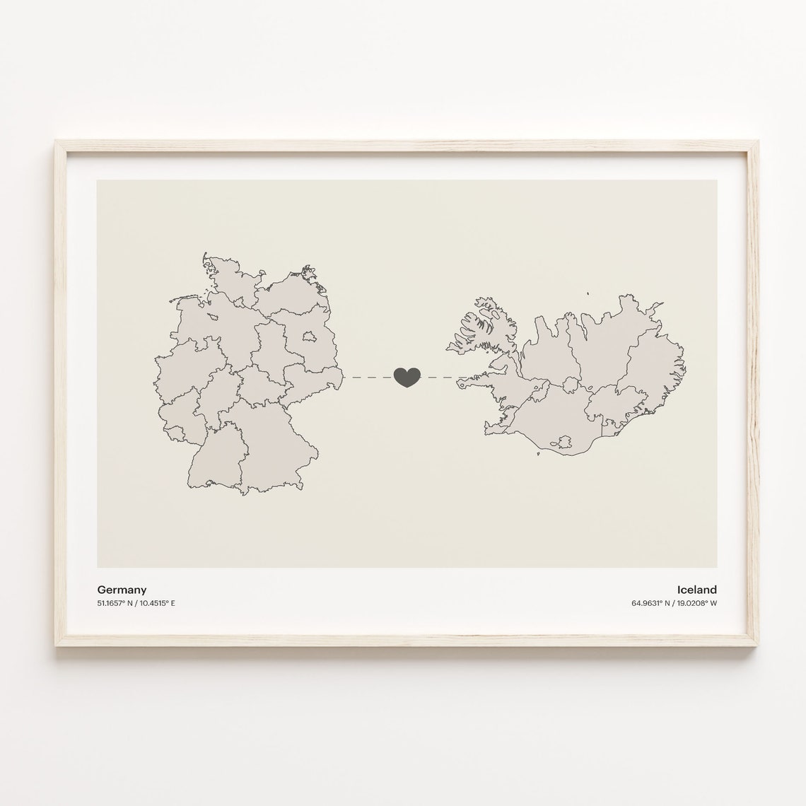 Germany to Iceland Connection Map Poster Heart Between Two Nations