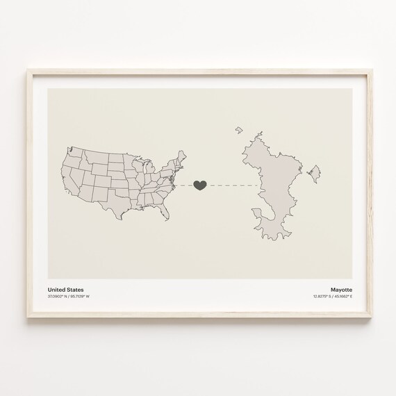 United States To Mayotte Long Distance Heart Connection Map Poster