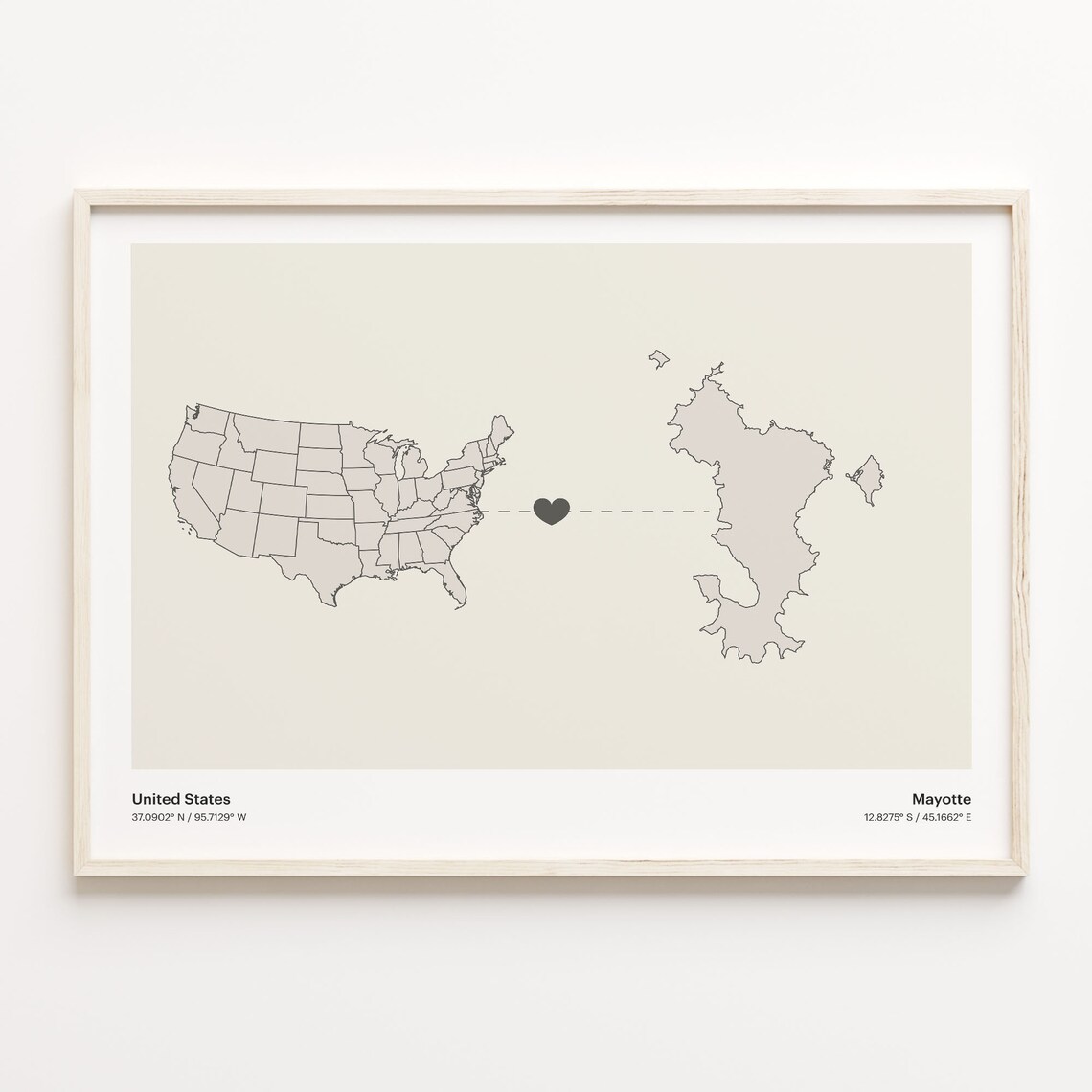 United States To Mayotte Long Distance Heart Connection Map Poster