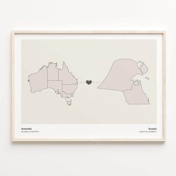 Australia Kuwait Long Distance Heart Map Minimalist Love Print