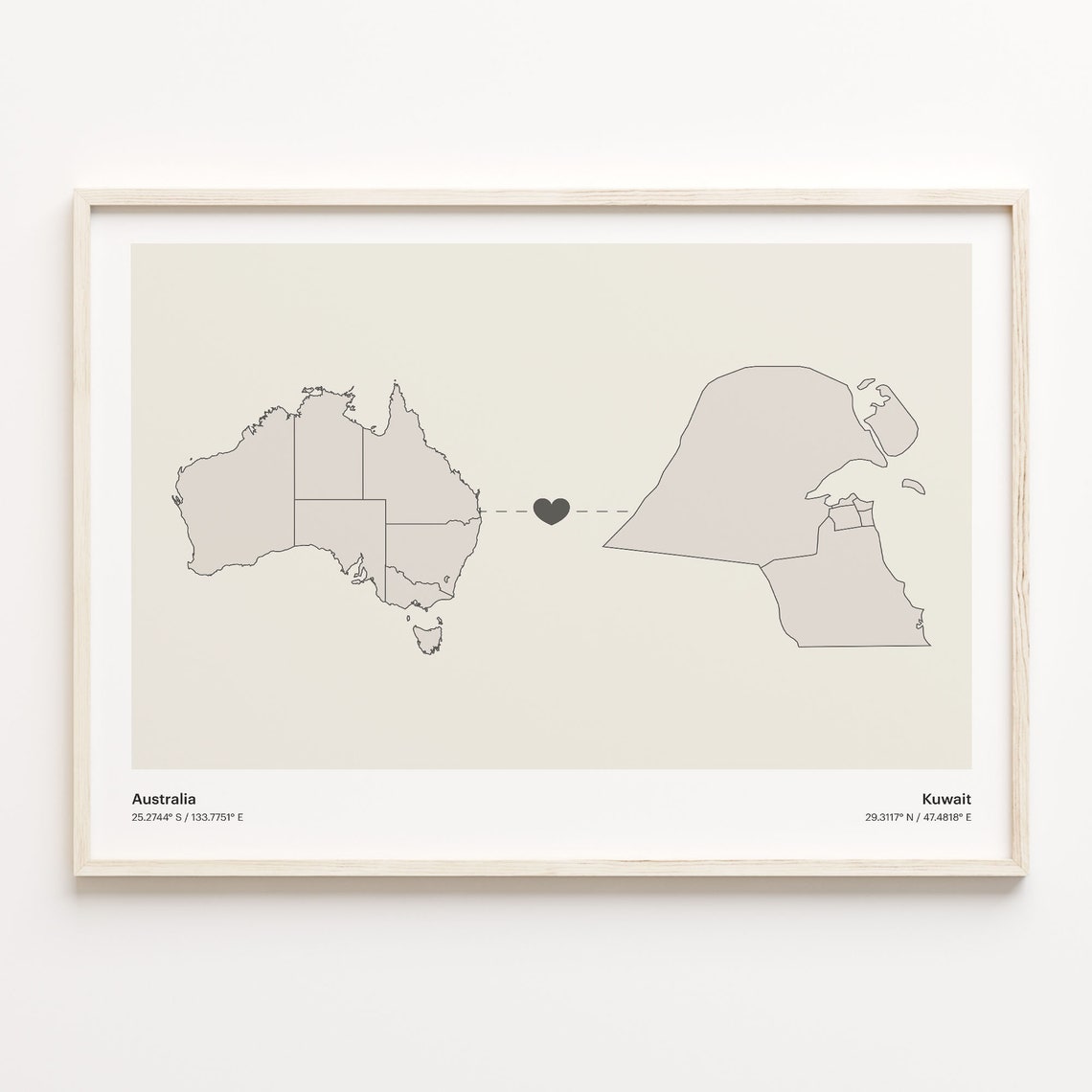 Australia Kuwait Long Distance Heart Map Minimalist Love Print