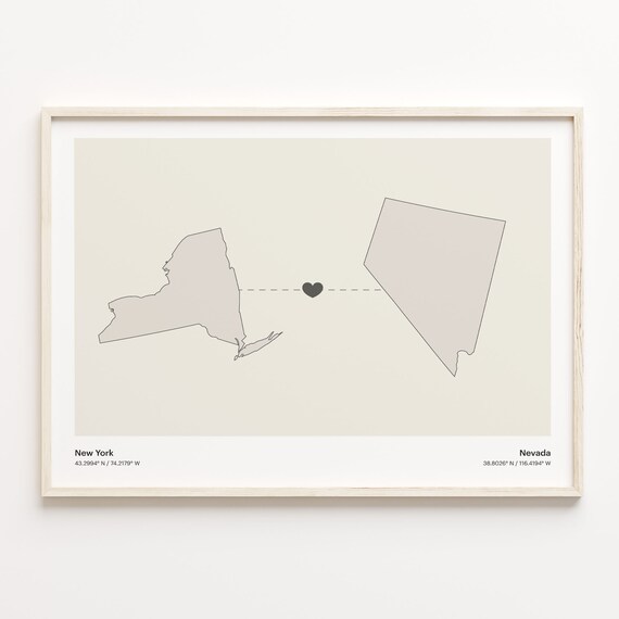 New York to Nevada Long Distance Love Heart Connection Map Poster