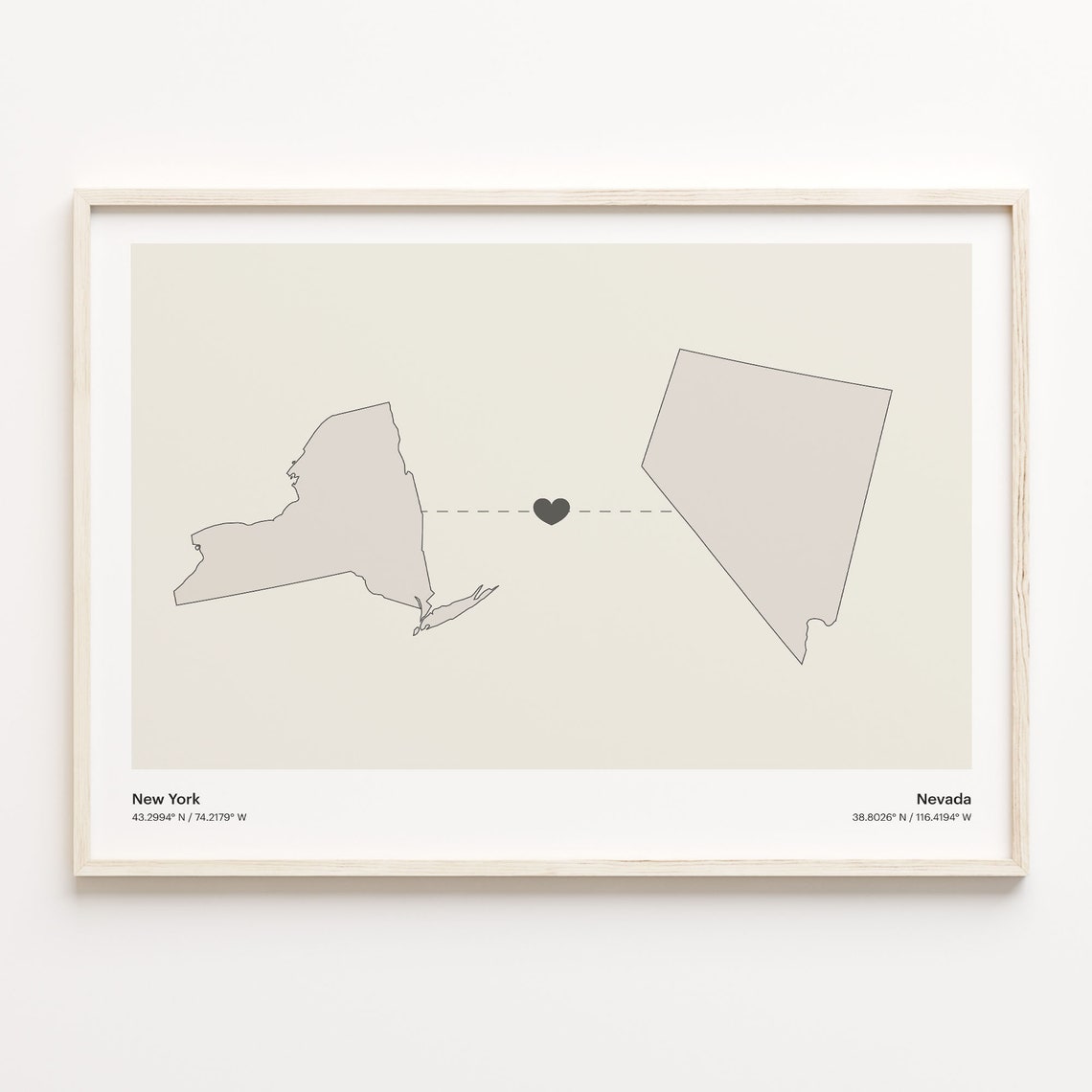 New York to Nevada Long Distance Love Heart Connection Map Poster