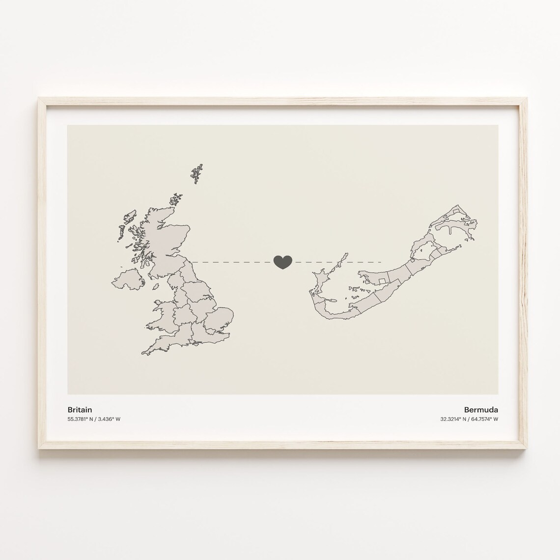 Britain To Bermuda Long Distance Heart Connection Map Poster