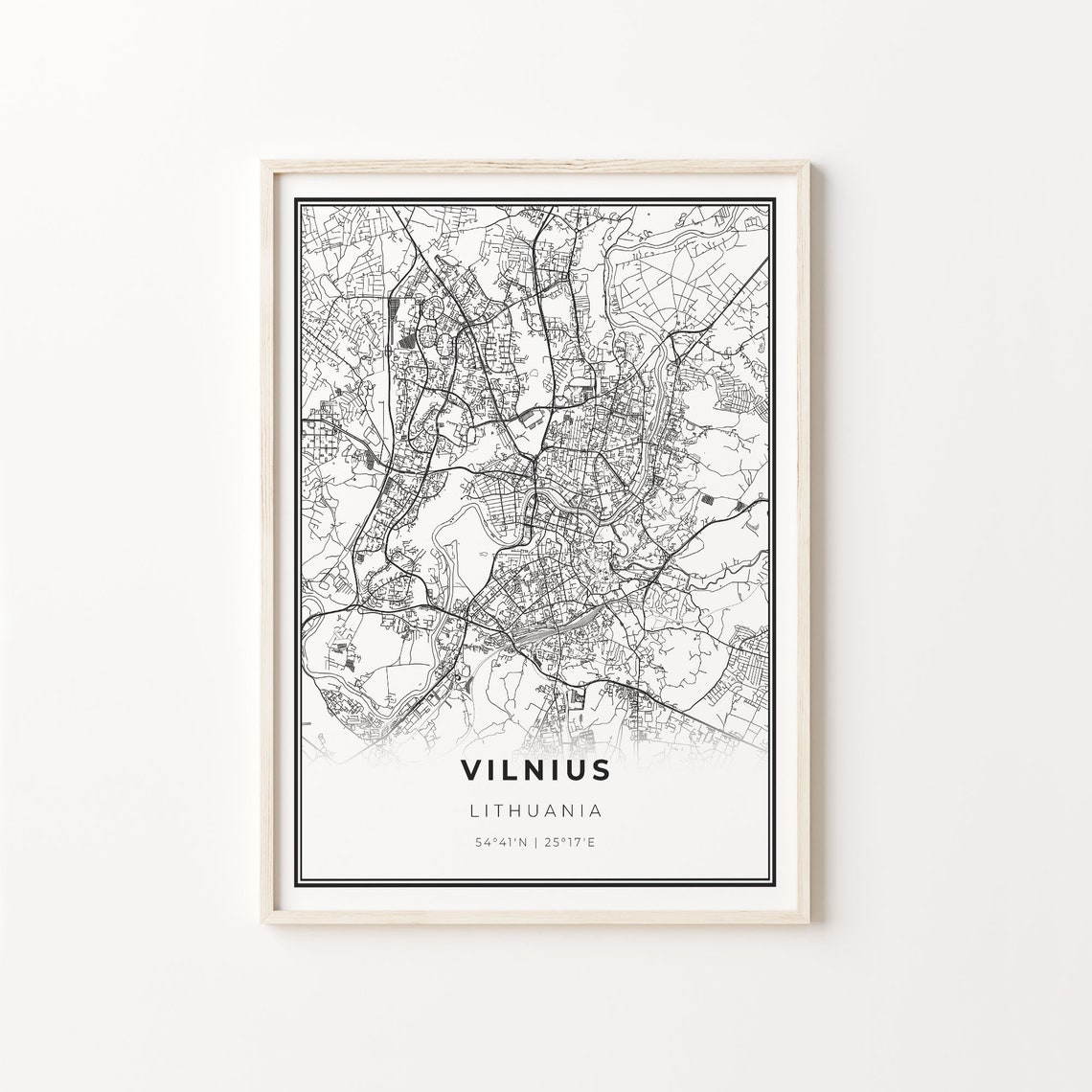 Vilnius Lithuania Modern Minimalist Black Line City Map Wall Art