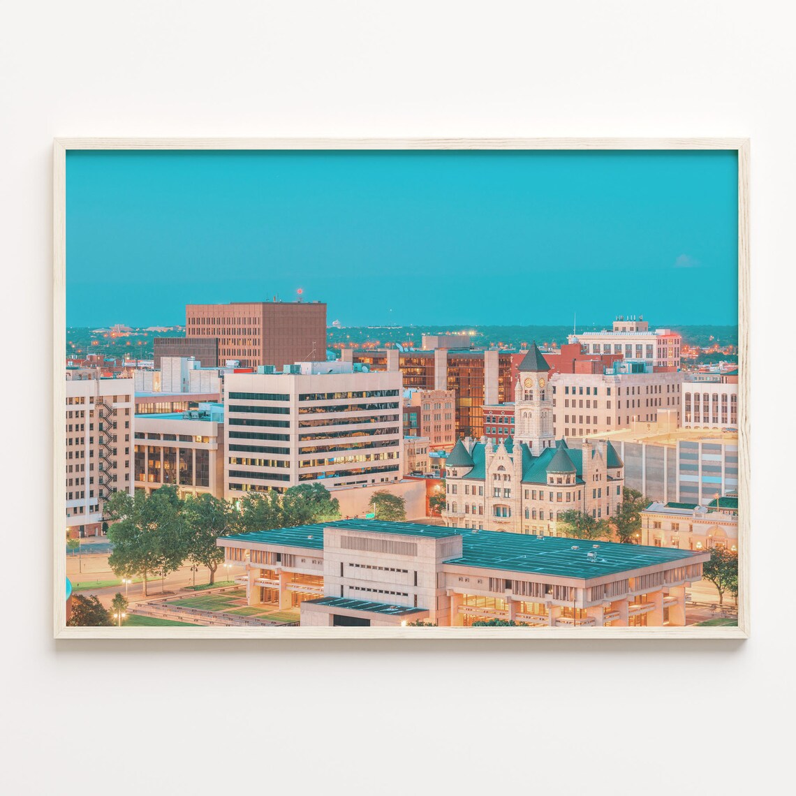 Wichita Kansas Downtown Skyline at Dusk Glowing City Lights Poster