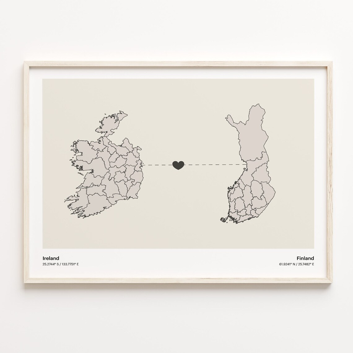 Ireland and Finland Couple Long Distance Love Heart Map Poster