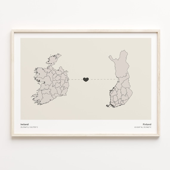 Ireland and Finland Couple Long Distance Love Heart Map Poster