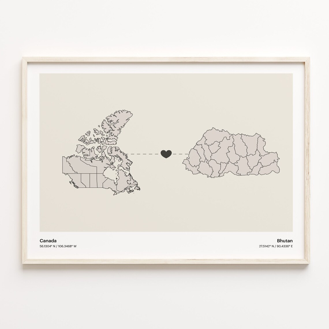 Canada To Bhutan Long Distance Love Minimalist Map Art Poster