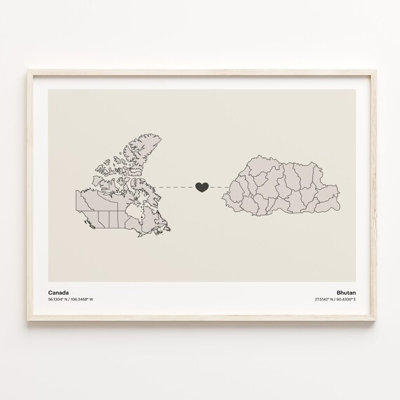 Canada To Bhutan Long Distance Love Minimalist Map Art Poster