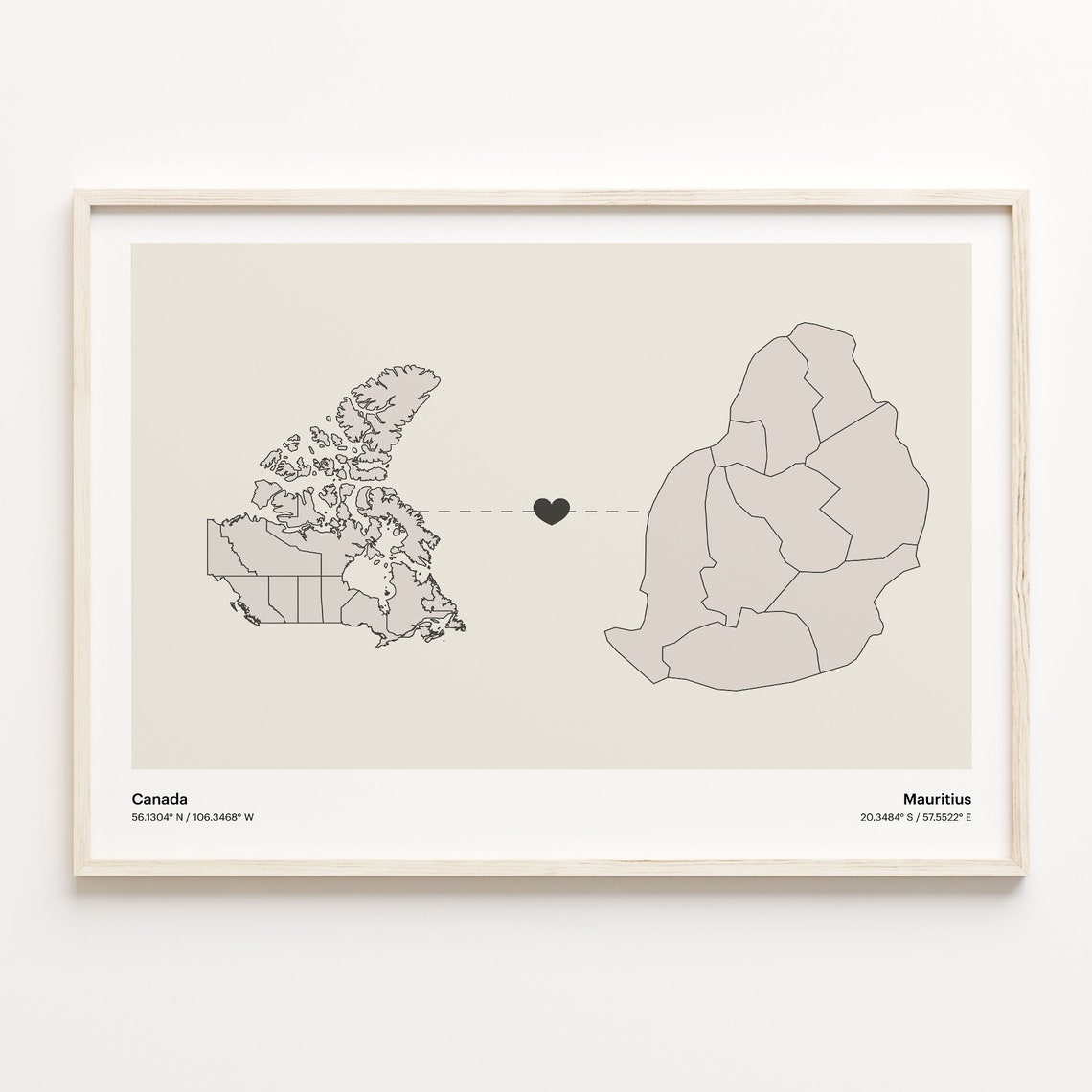 Canada Mauritius Country Connection Heart Map Minimalist Art Poster
