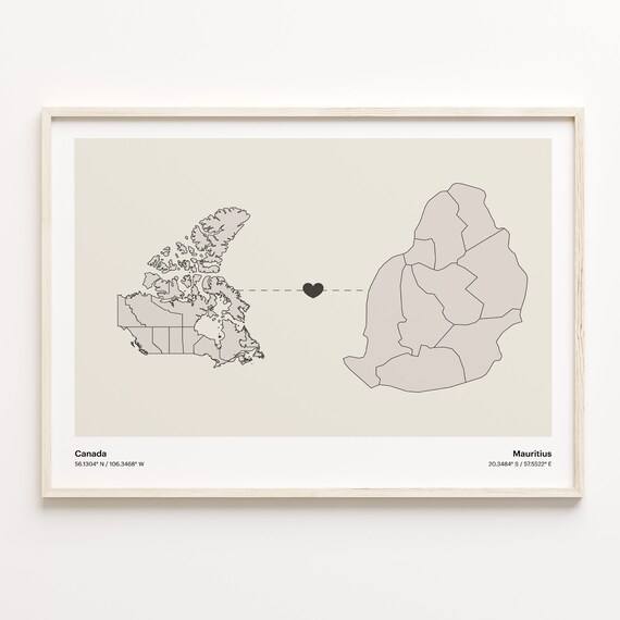 Canada Mauritius Country Connection Heart Map Minimalist Art Poster