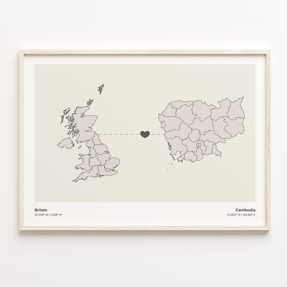 Britain to Cambodia Minimalist Long Distance Love Map Poster
