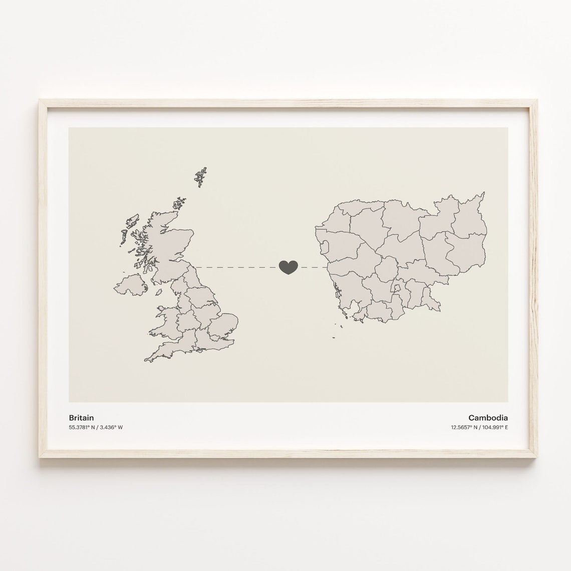 Britain to Cambodia Minimalist Long Distance Love Map Poster