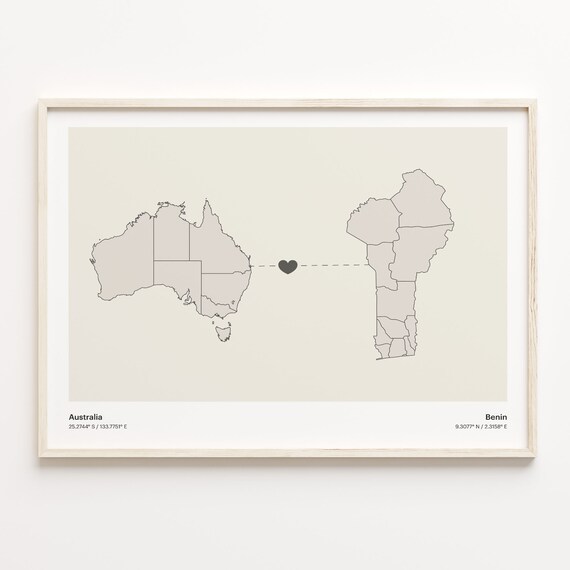 Australia and Benin Minimalist Long Distance Heart Map Connection Poster
