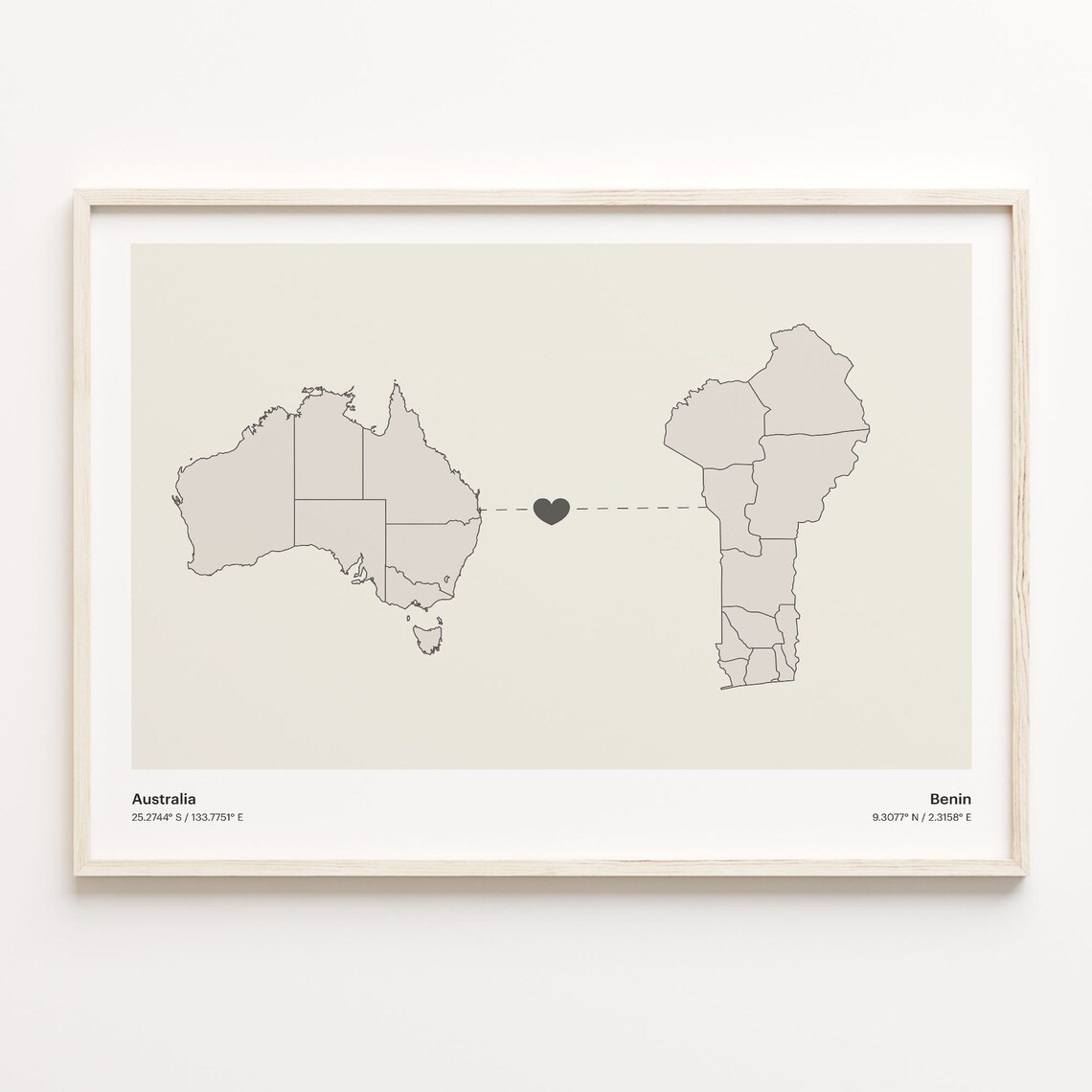 Australia and Benin Minimalist Long Distance Heart Map Connection Poster