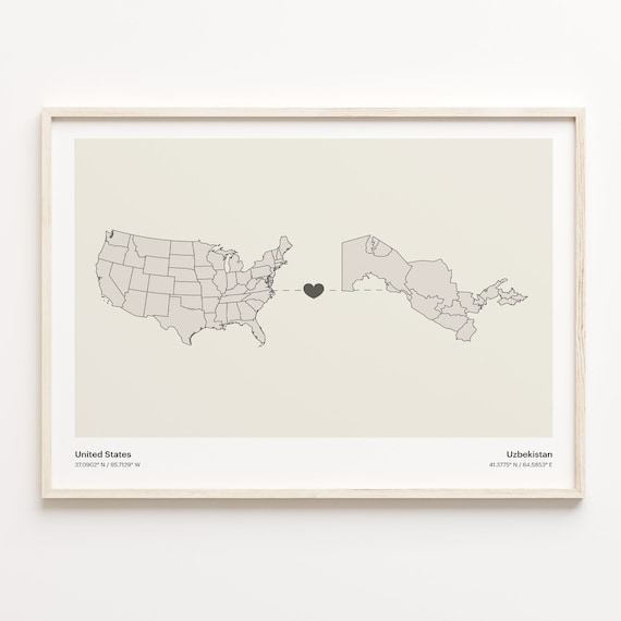 United States Uzbekistan Long Distance Heart Minimalist Map Poster