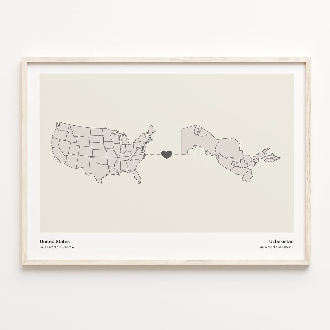 United States Uzbekistan Long Distance Heart Minimalist Map Poster