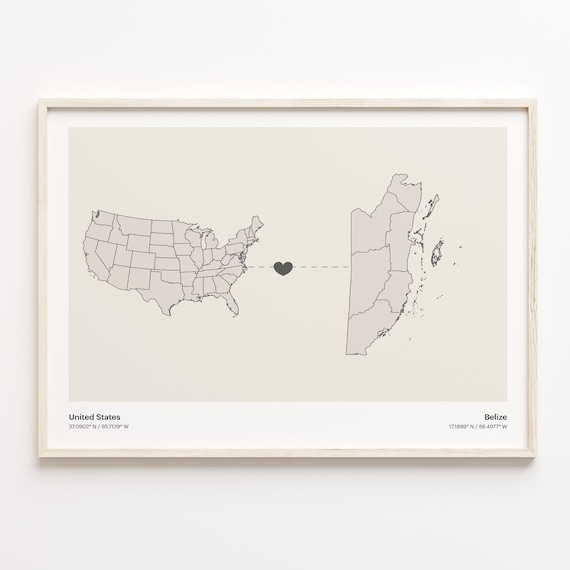 United States To Belize Long Distance Heart Map Minimalist Poster