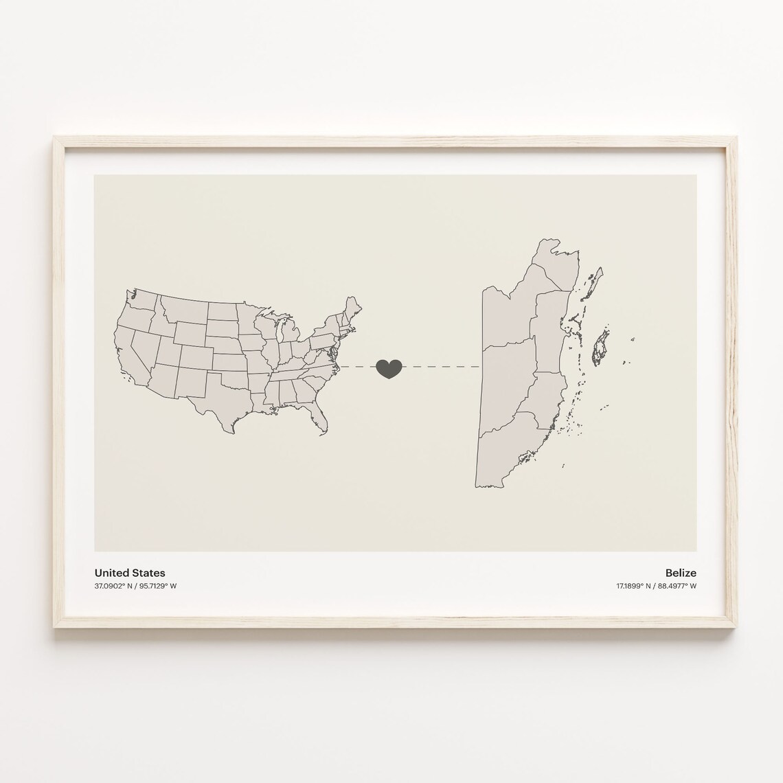 United States To Belize Long Distance Heart Map Minimalist Poster