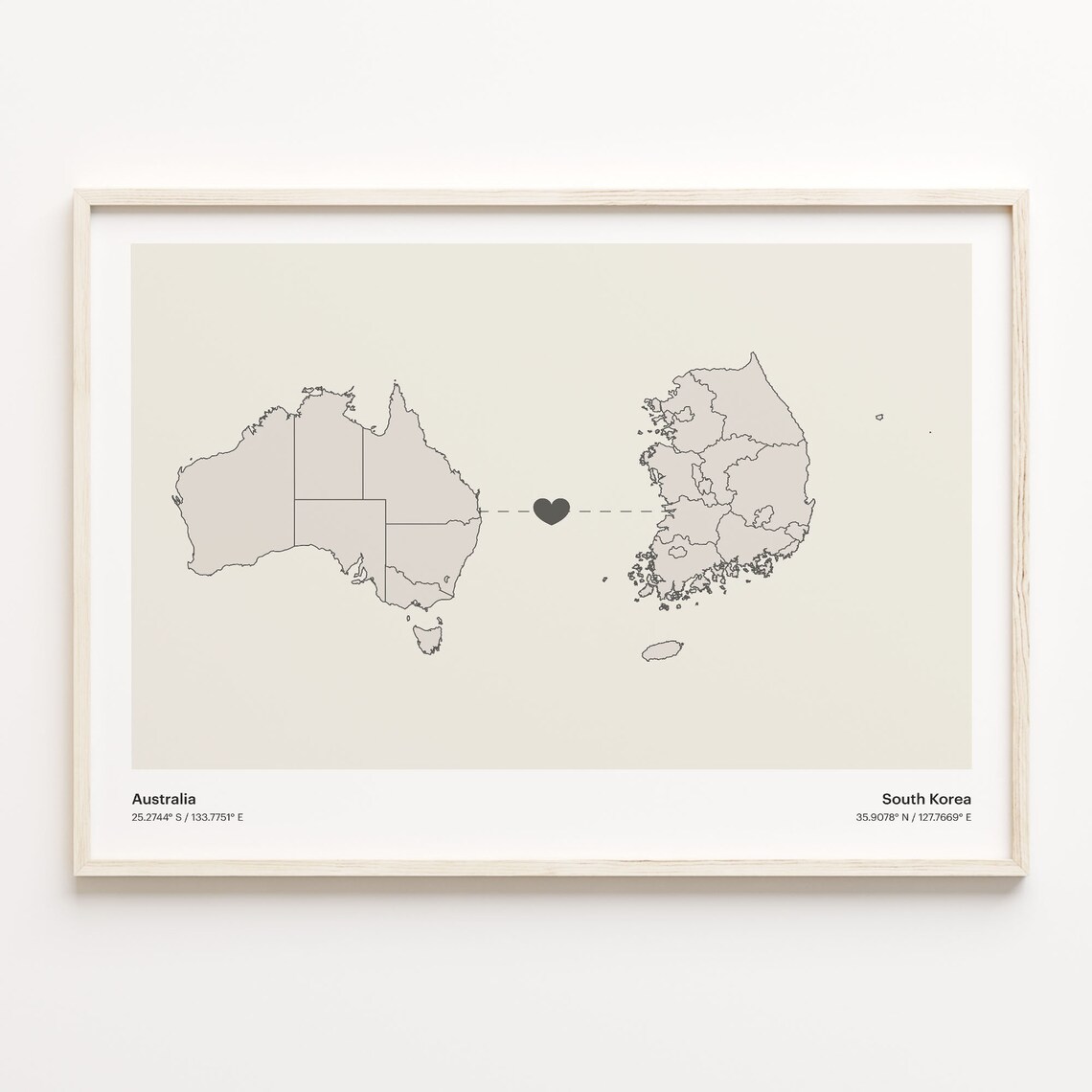 Australia South Korea Long Distance Love Heart Minimalist Map Poster
