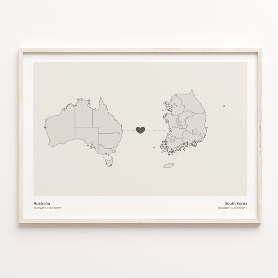 Australia South Korea Long Distance Love Heart Minimalist Map Poster