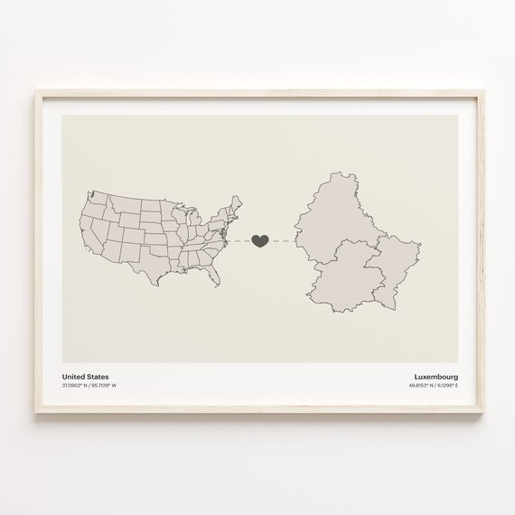 United States Luxembourg Long Distance Heart Minimalist Map Poster