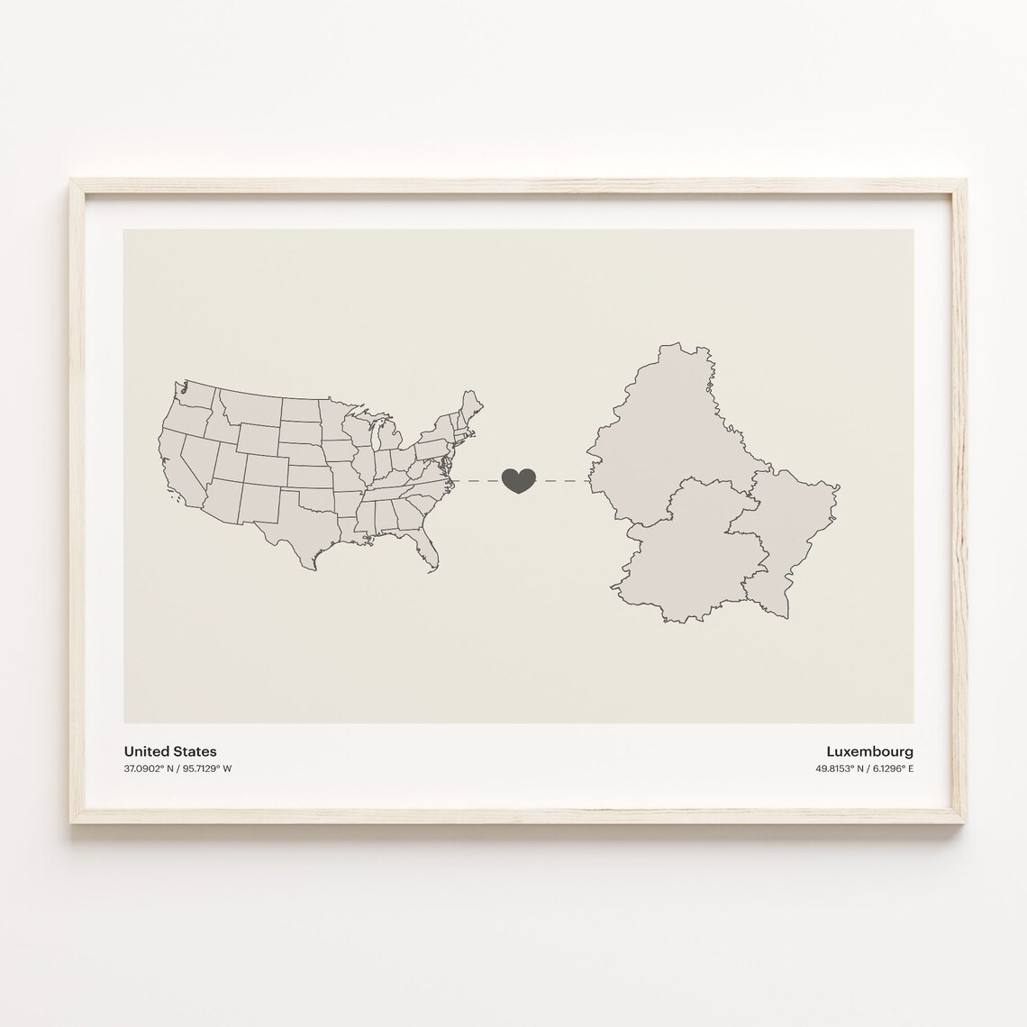 United States Luxembourg Long Distance Heart Minimalist Map Poster