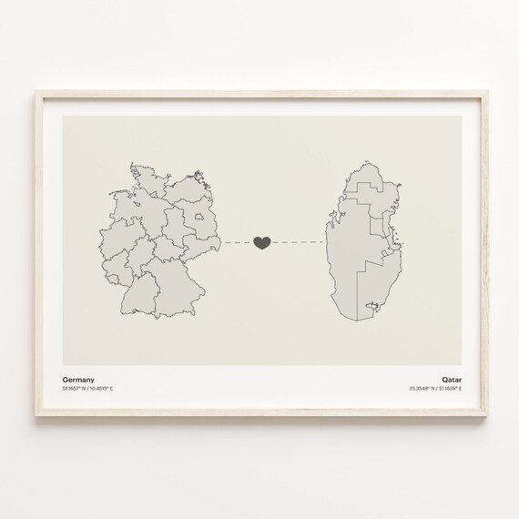 Germany Qatar Country Connection Heart Map Minimalist Art Poster