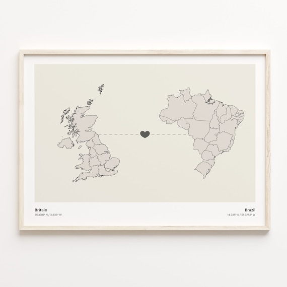 Britain To Brazil Minimalist Love Heart Connection Map Poster