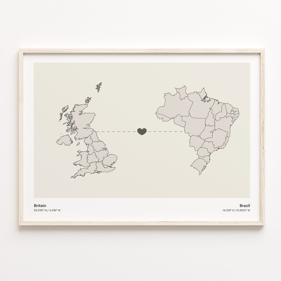 Britain To Brazil Minimalist Love Heart Connection Map Poster