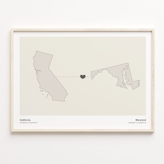 California To Maryland Heart Connection Minimalist Map Poster