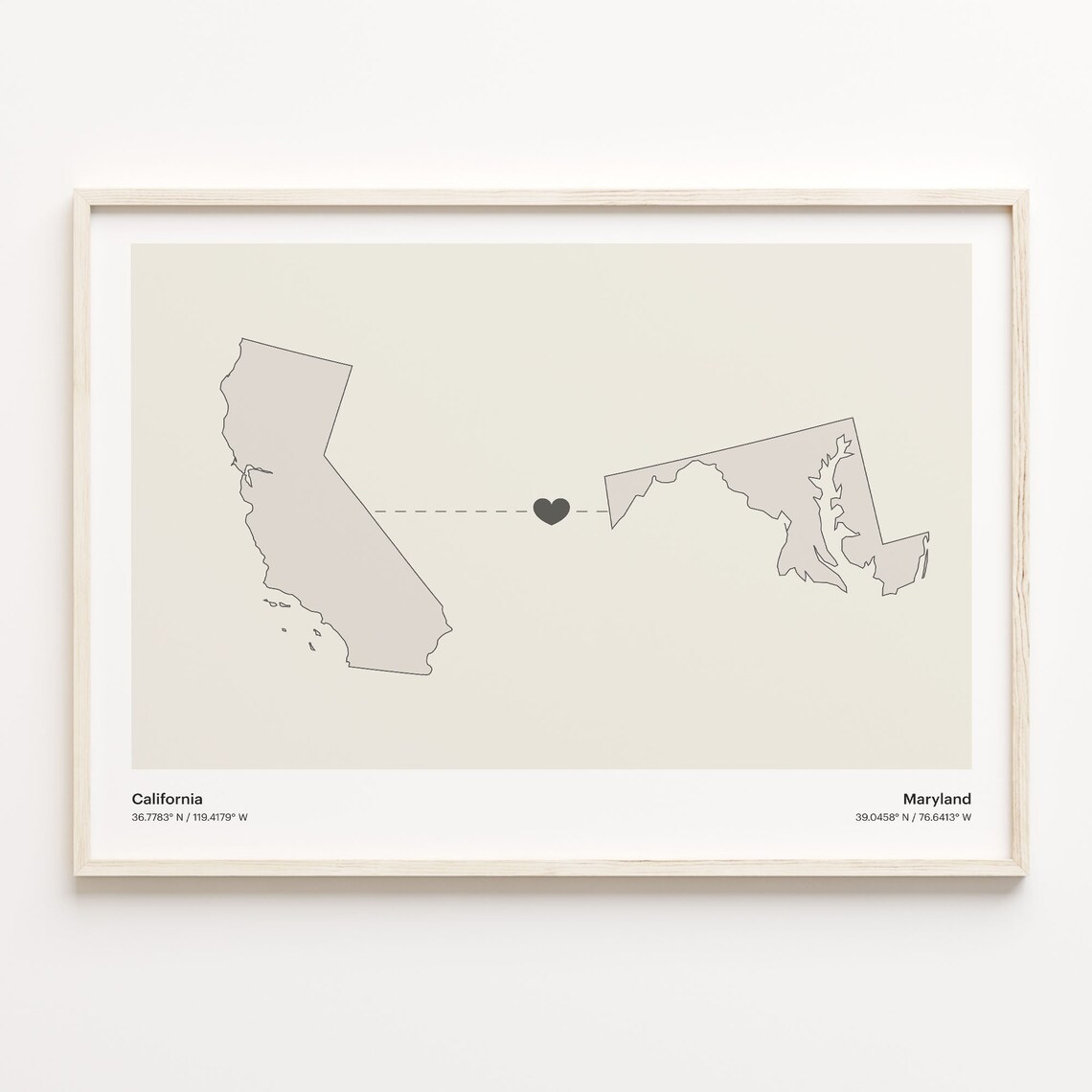 California To Maryland Heart Connection Minimalist Map Poster
