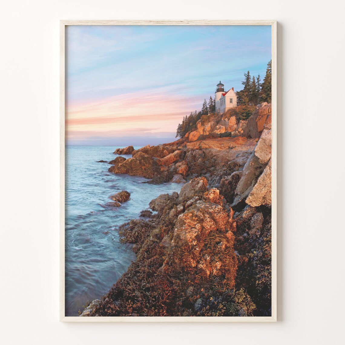 New England Lighthouse Rocky Coast Sunset Ocean Photo Poster