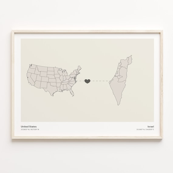 United States To Israel Long Distance Heart Connection Map Poster