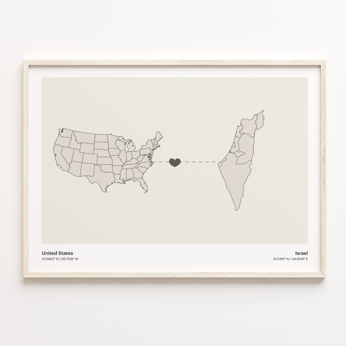 United States To Israel Long Distance Heart Connection Map Poster