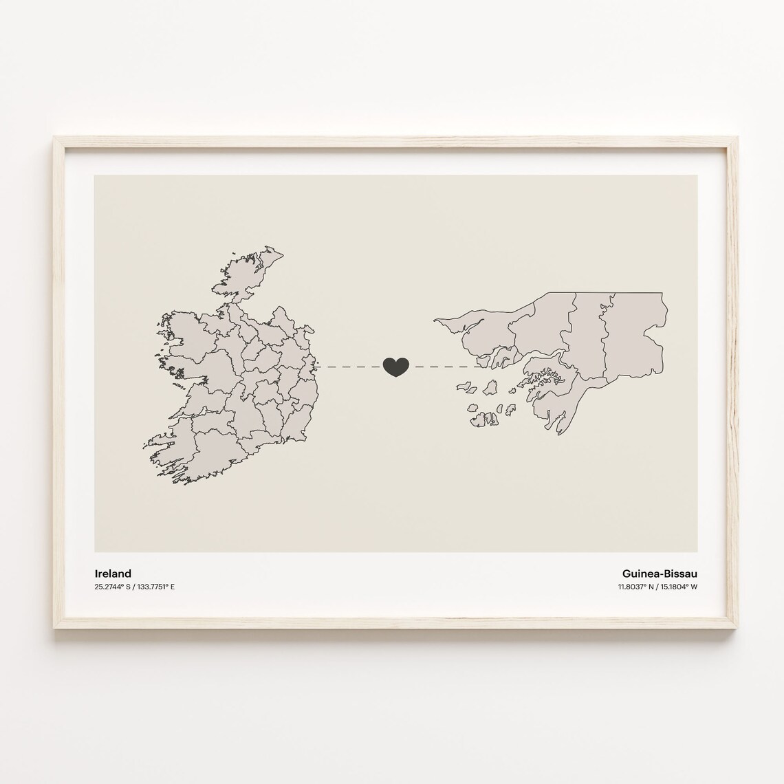 Ireland Guinea-Bissau Minimalist Long Distance Love Heart Map Poster