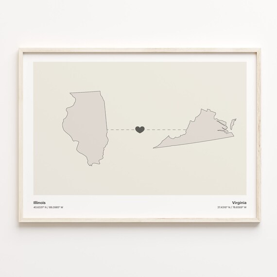 Illinois to Virginia Heart Map Long Distance Relationship Poster