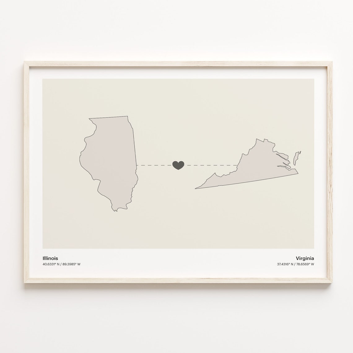 Illinois to Virginia Heart Map Long Distance Relationship Poster