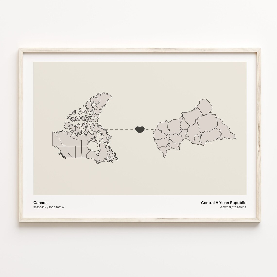 Canada to Central African Republic Heart Connection Minimalist Map Poster