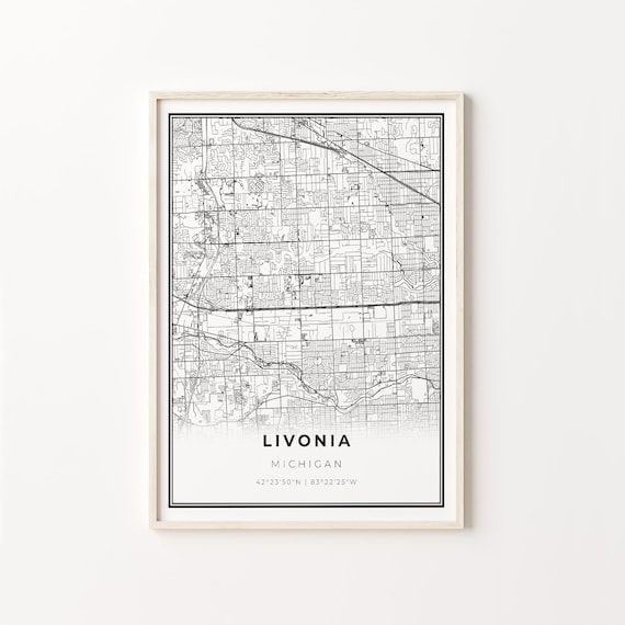 Livonia Michigan Modern Minimalist Black White Street Map Poster