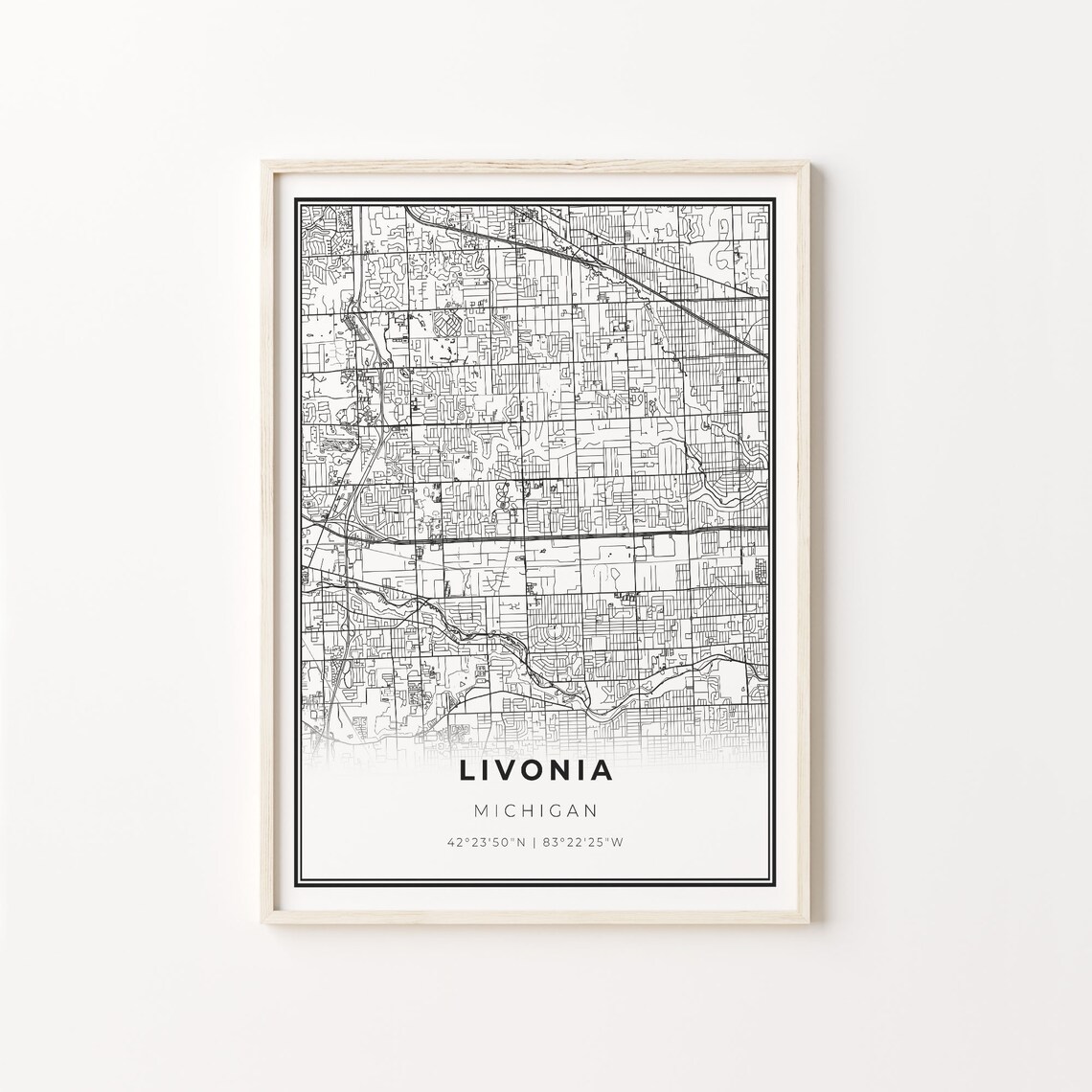Livonia Michigan Modern Minimalist Black White Street Map Poster