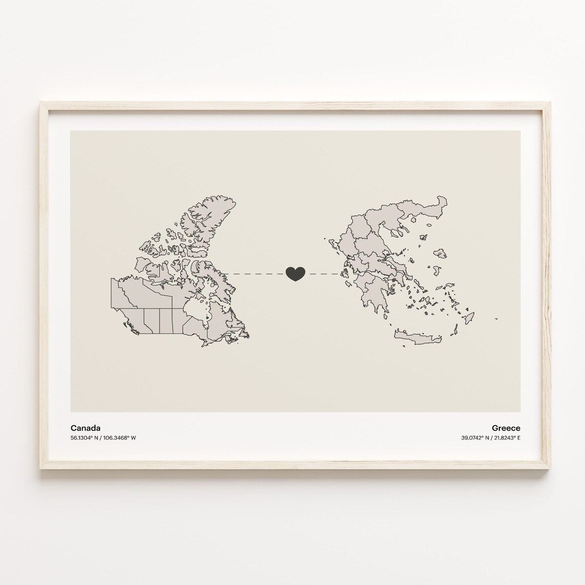 Canada Greece Heart Connection Map Minimalist Long Distance Gift Poster