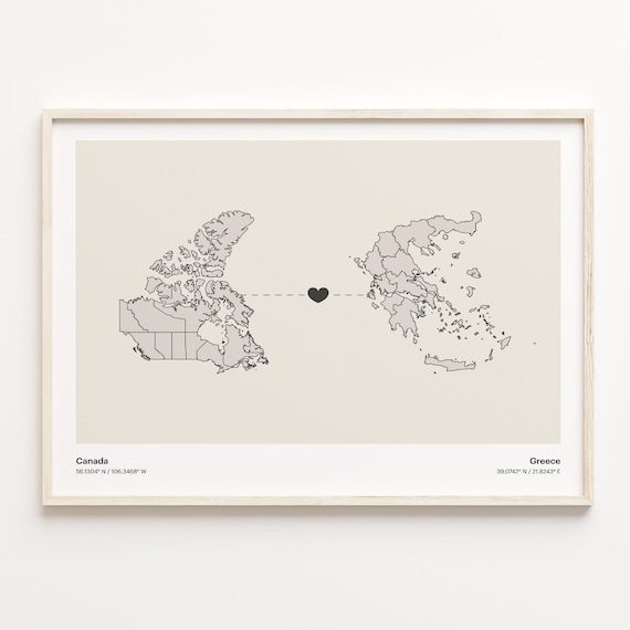 Canada Greece Heart Connection Map Minimalist Long Distance Gift Poster