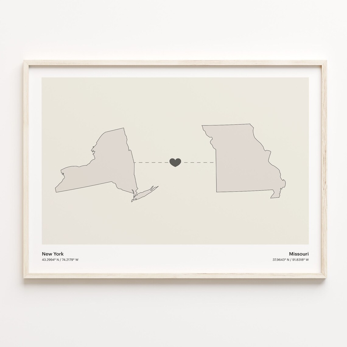 New York Missouri Beige Minimalist Heart Connection Map Poster