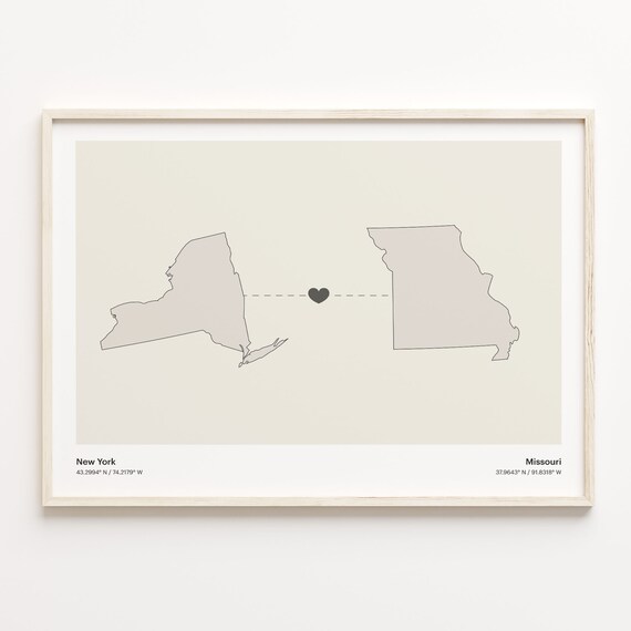 New York Missouri Beige Minimalist Heart Connection Map Poster