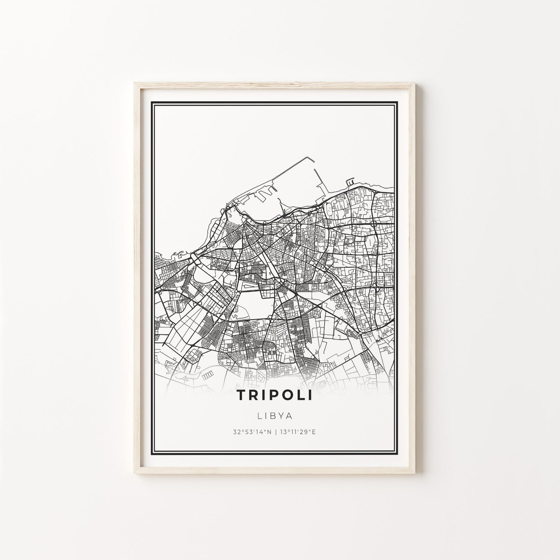Tripoli Libya Modern Minimalist Black and White City Map Poster