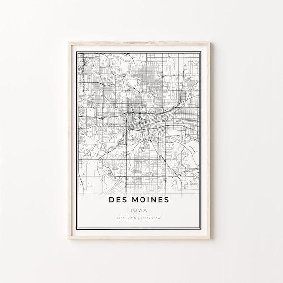 Des Moines Iowa City Map Minimalist Black and White Art Poster